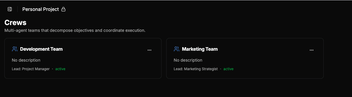 Crews page showing Development Team and Marketing Team with lead agents