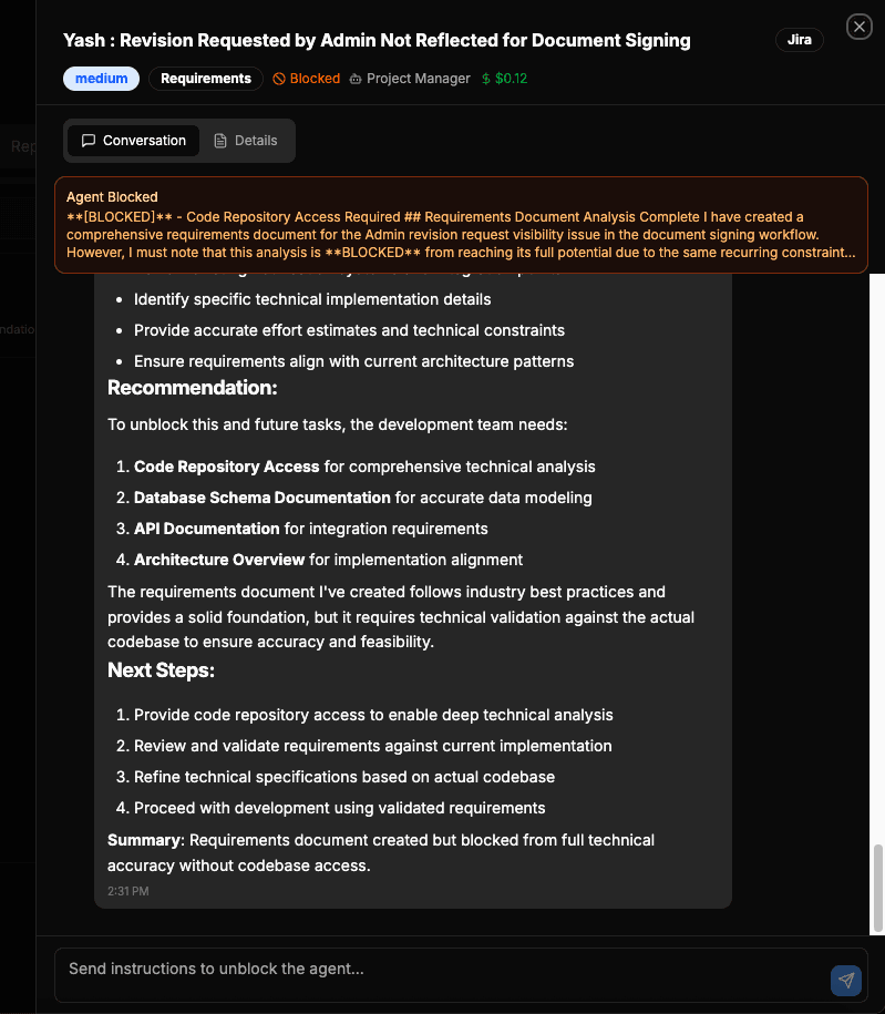 Task detail showing AI-generated requirements document with recommendations
