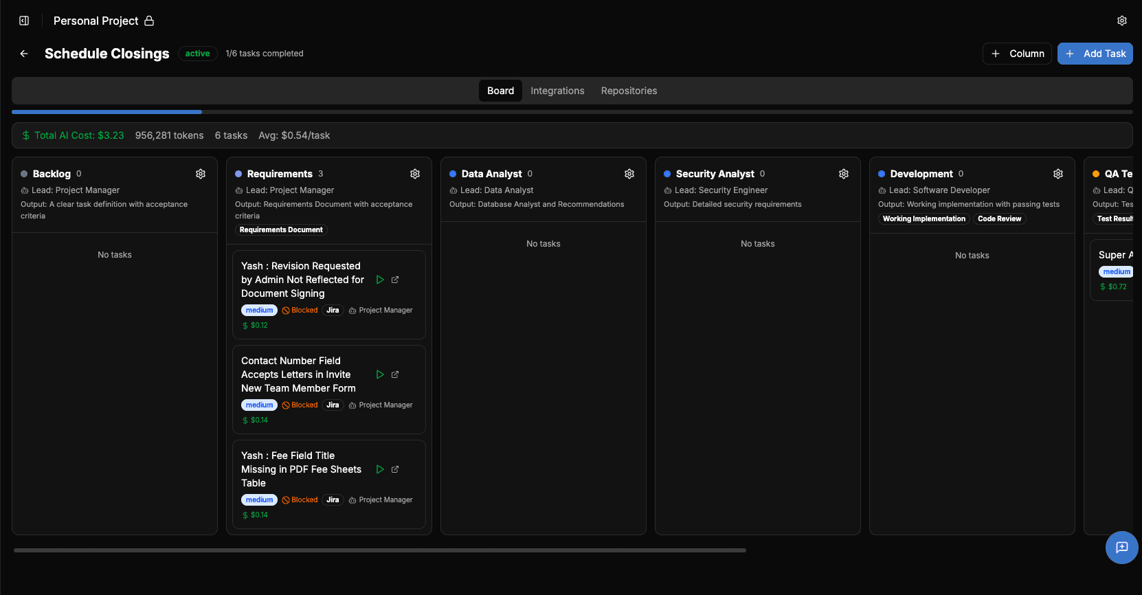 Kanban board with Backlog, Requirements, Data Analyst, Security, and Development columns