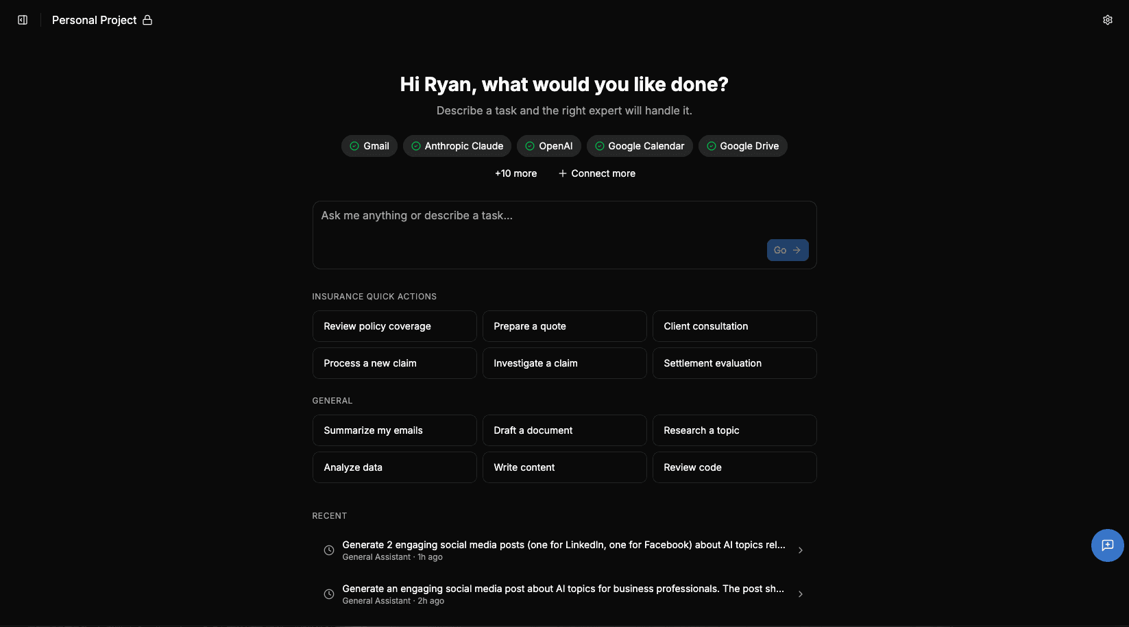 ThinkFleet Task Hub — describe a task and the right AI expert handles it